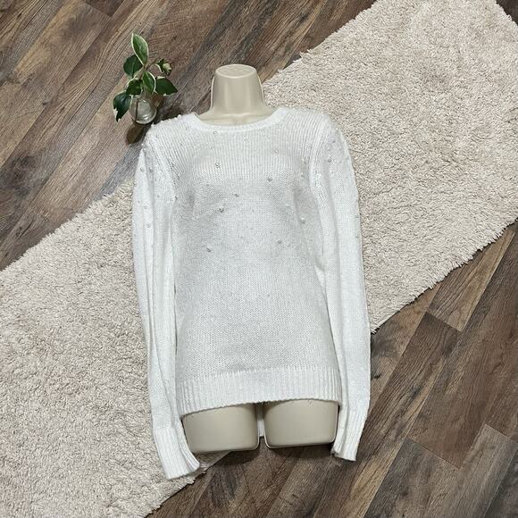 LOFT Size Large White Pearl Detail Crewneck Pullover Sweater - Picture 1 of 5